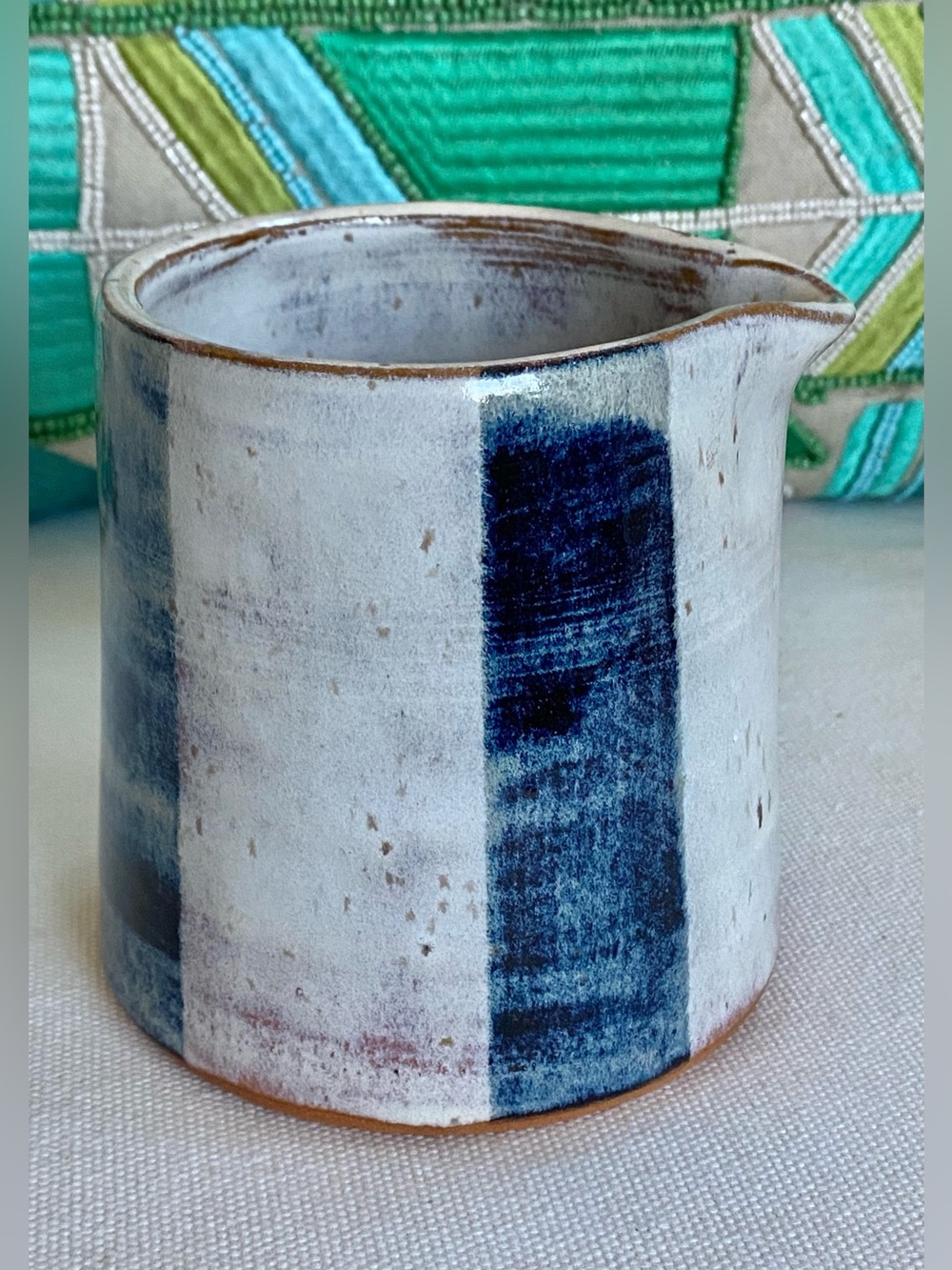 Studio Art Pottery Jug Pitcher Salt Glaze With Blue Vertical Stripes Signed MSW